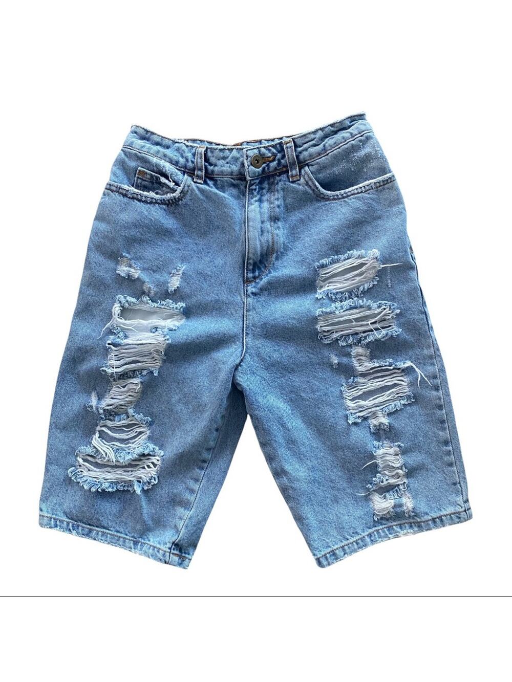 Collusion Long Length Bermuda Distressed Denim Shorts Size 4